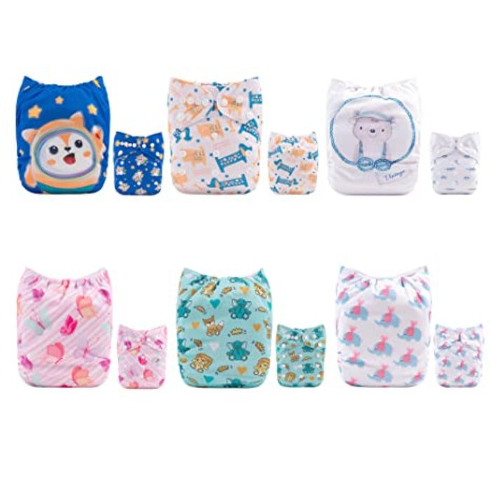 One Size Adjustable Reusable Cloth Diapers For Baby 6 Pack + 12 Inserts