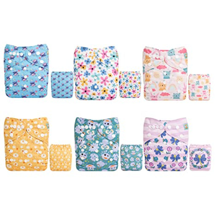 Baby Cloth Diapers One Size Adjustable Washable Reusable 6 Pack With 12 Inserts