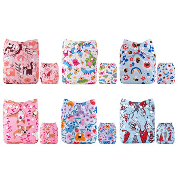 Baby Cloth Diapers One Size Adjustable Washable Reusable 6 Pack With 12 Inserts