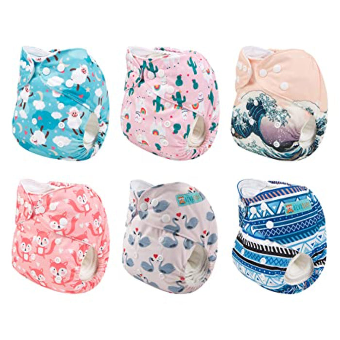 Baby Cloth Diapers One Size Adjustable Washable Reusable 6 Pack With 12 Inserts