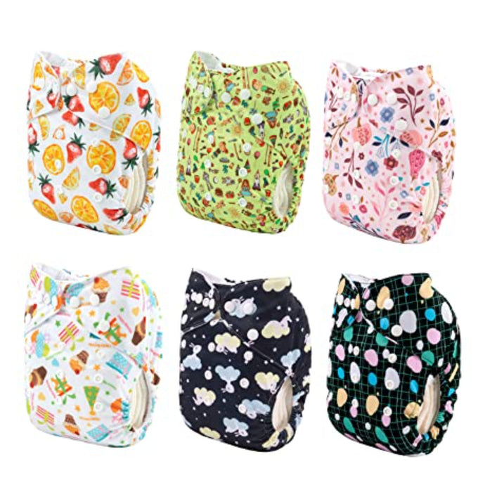 Baby Cloth Diapers One Size Adjustable Washable Reusable 6 Pack With 12 Inserts