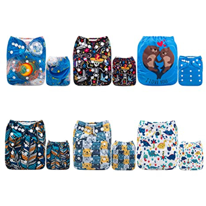 Adjustable Washable Reusable Color Snaps Baby Cloth Diapers/6 Pack With 12 Pcs 5-Layer Charcoal Bamboo Inserts