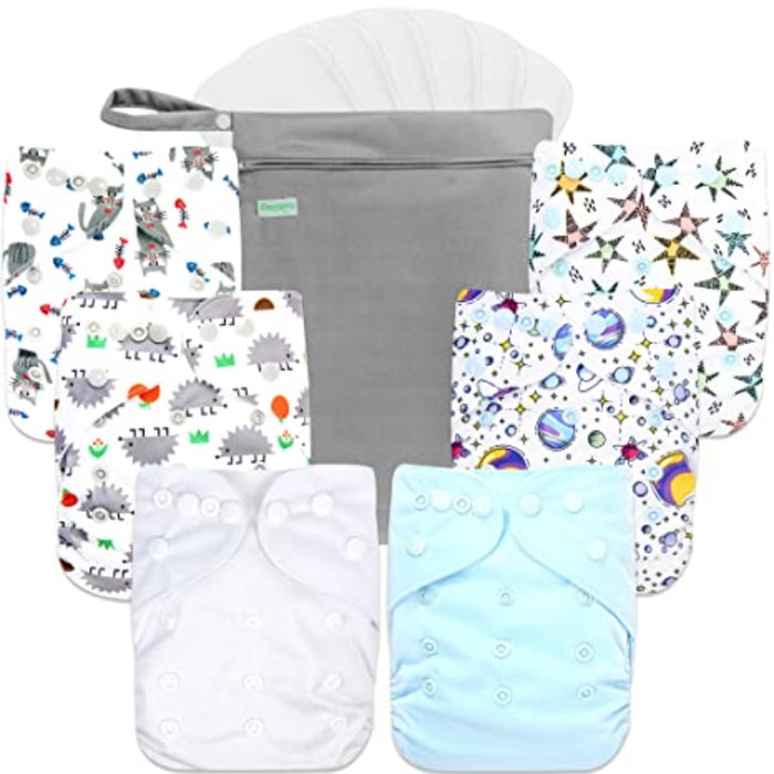 Washable Reusable Baby Cloth Pocket Diapers 6 Pack + 6 Bamboo Inserts