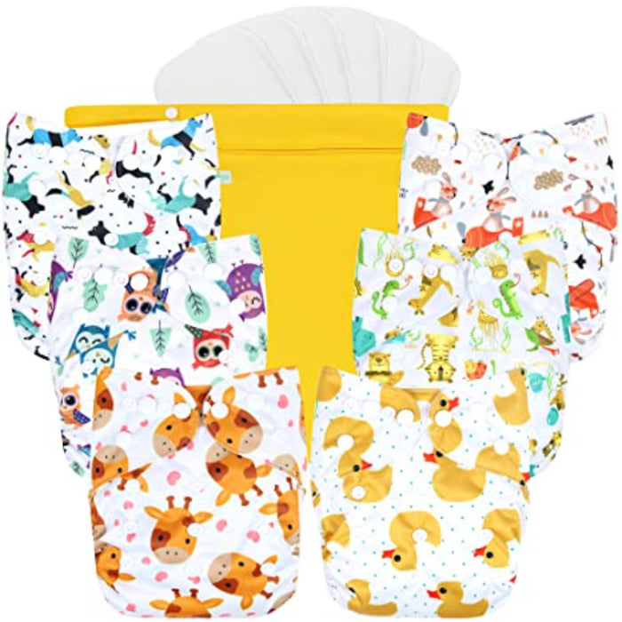 Washable Reusable Baby Cloth Pocket Diapers 6 Pack + 6 Bamboo Inserts