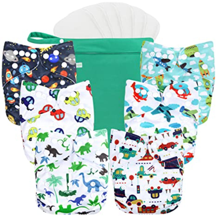 Washable Reusable Baby Cloth Pocket Diapers 6 Pack + 6 Bamboo Inserts