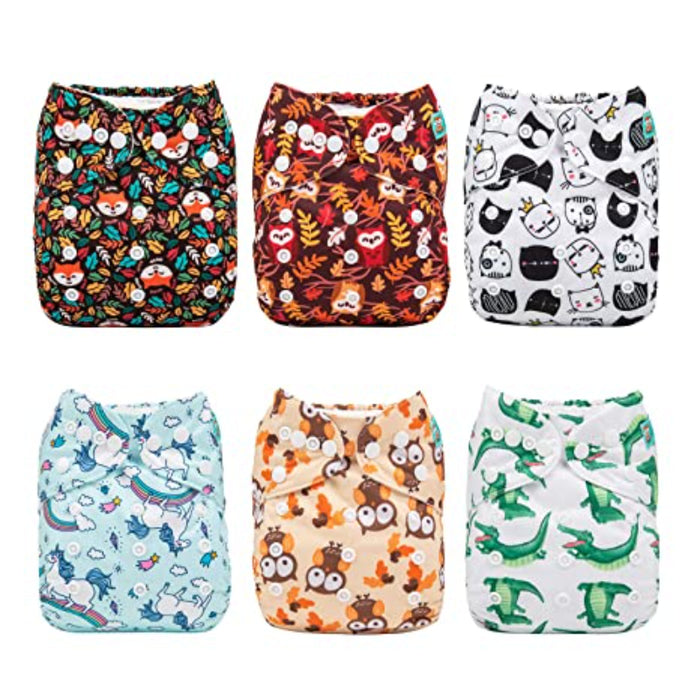 One Size Adjustable Reusable Cloth Diapers For Baby 6 Pack + 12 Inserts