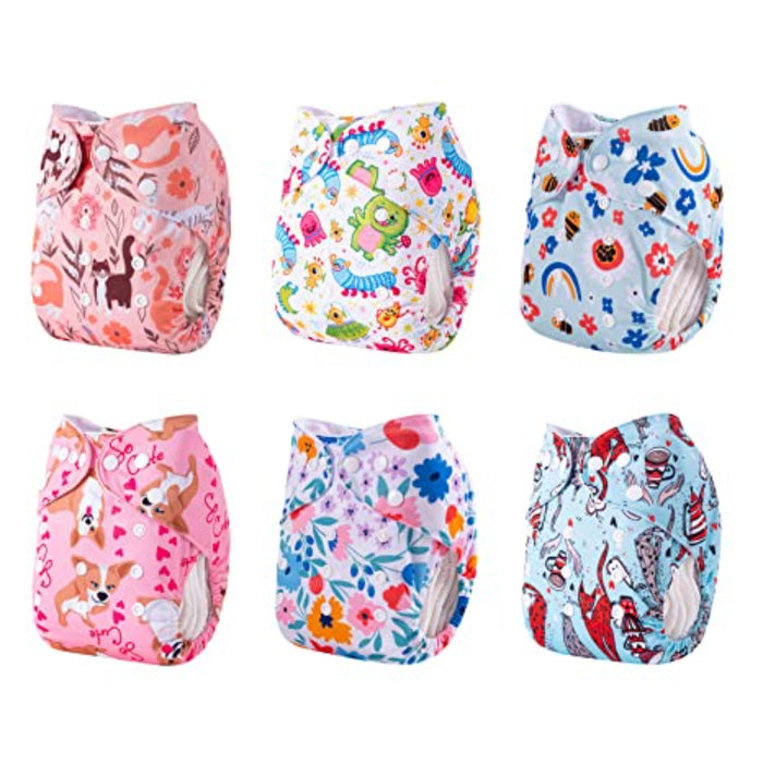 Baby Cloth Diapers One Size Adjustable Washable Reusable 6 Pack With 12 Inserts