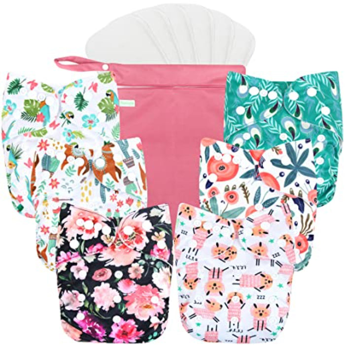 Washable Reusable Baby Cloth Pocket Diapers 6 Pack + 6 Bamboo Inserts