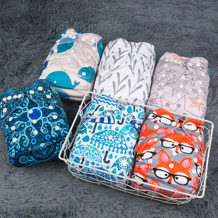 Adjustable Washable Reusable Color Snaps Baby Cloth Diapers/6 Pack With 12 Pcs 5-Layer Charcoal Bamboo Inserts