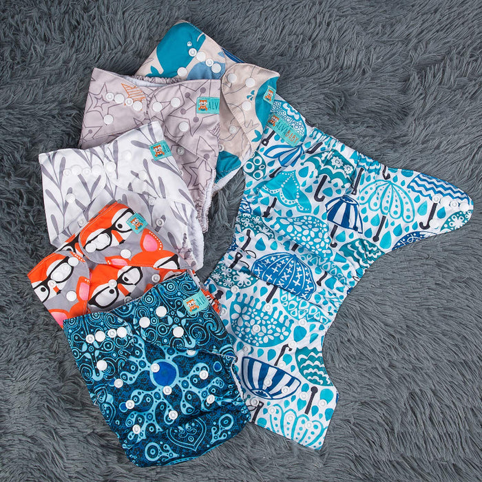 Adjustable Washable Reusable Color Snaps Baby Cloth Diapers/6 Pack With 12 Pcs 5-Layer Charcoal Bamboo Inserts