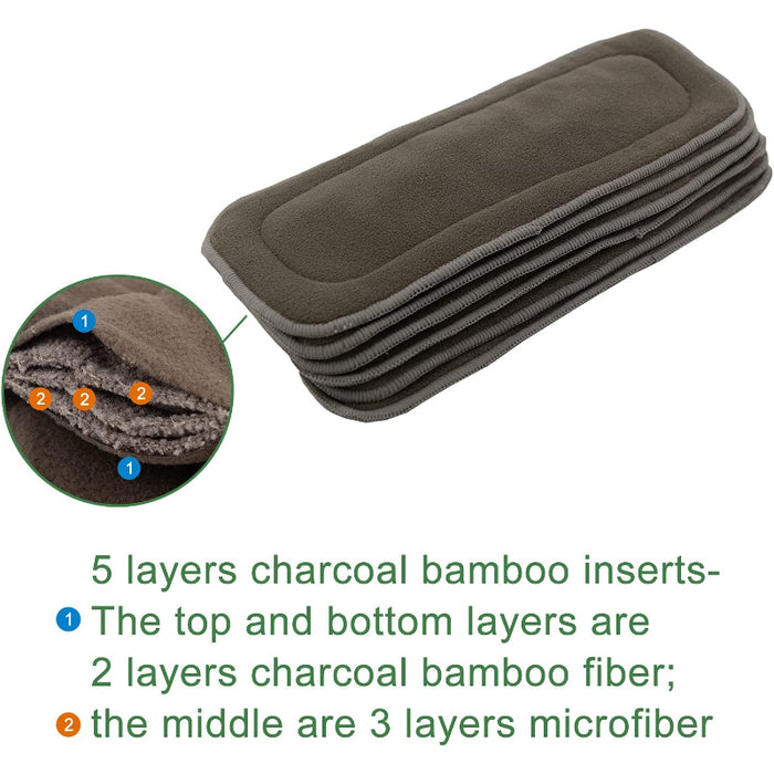 Charcoal Bamboo Inserts Cloth Diaper Liner, 5-Layer Inserts, Reusable Liners For Baby Cloth Diapers 12pcs