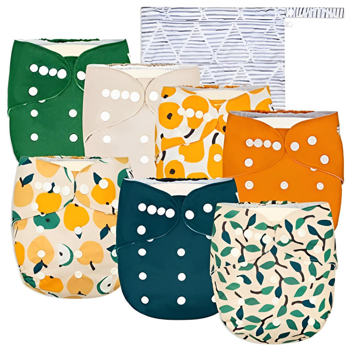 Unisex Baby Cloth Pocket Diapers - Sage And Sea - 7 Pack, 7 Bamboo Inserts, 1 Wet Bag