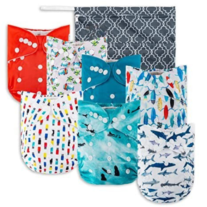 Baby Cloth Pocket Diapers 7 Pack, 7 Bamboo Inserts, 1 Wet Bag