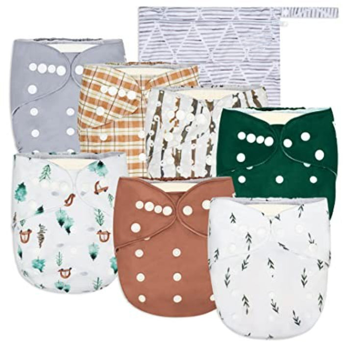 Baby Cloth Pocket Diapers 7 Pack, 7 Bamboo Inserts, 1 Wet Bag